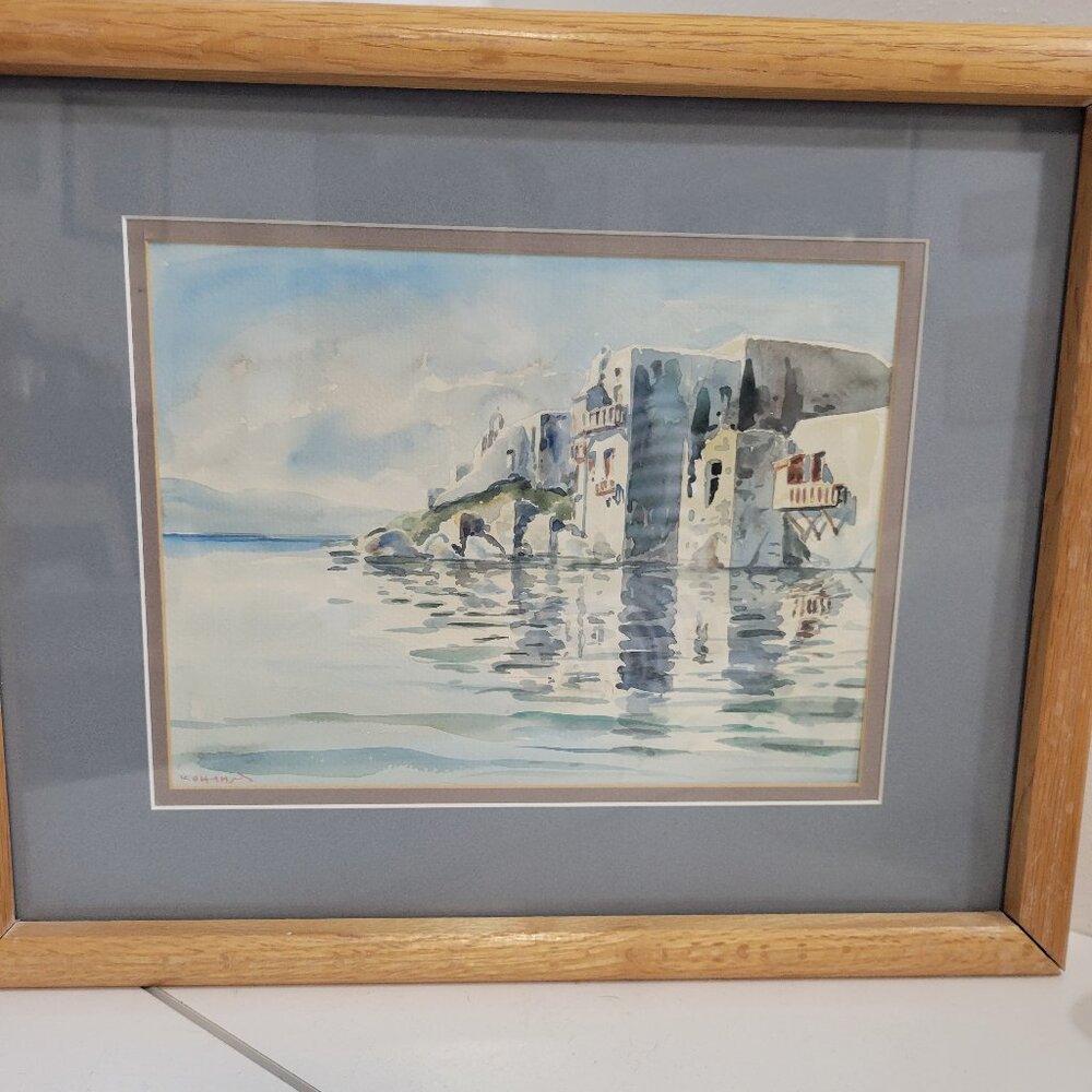 Vintage Mediterranean Watercolor of Seaside Homes